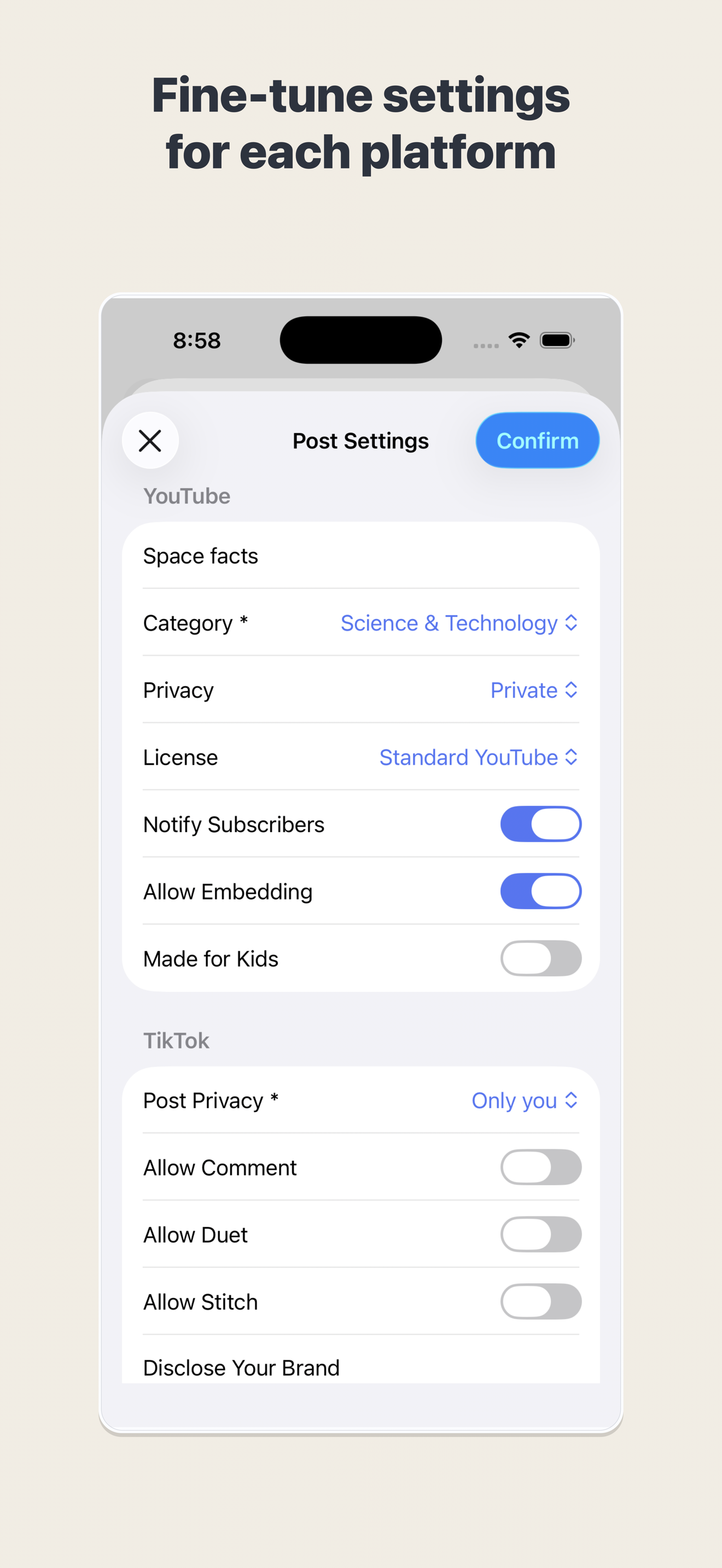 Post settings screenshot