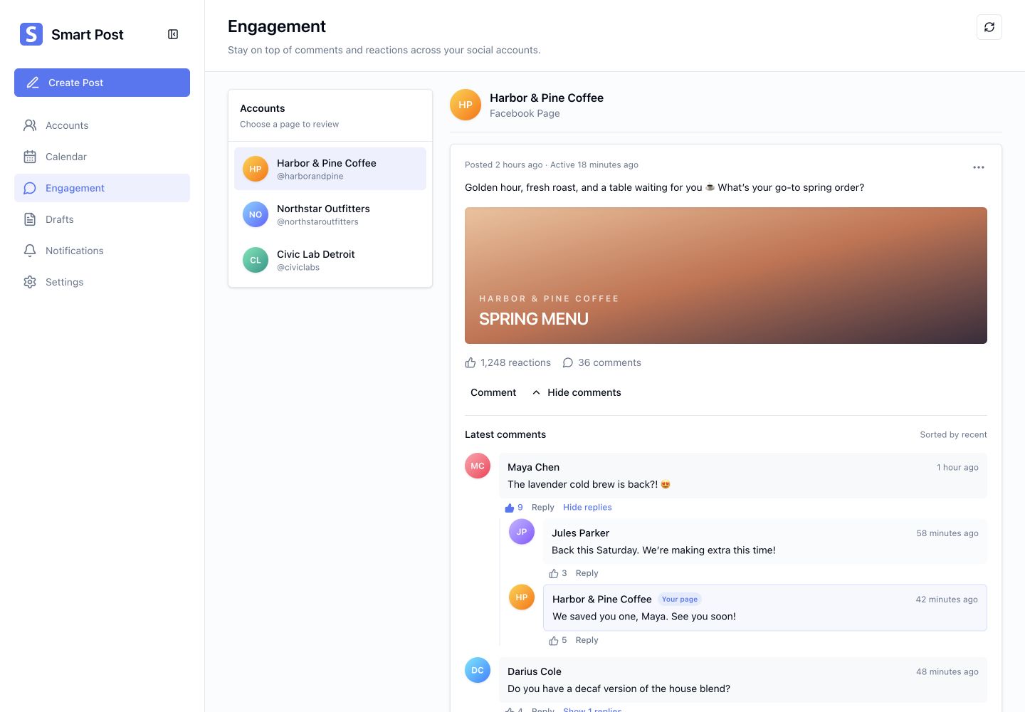 Smart Post WebApp Engagement screen showing Facebook Page comments and replies